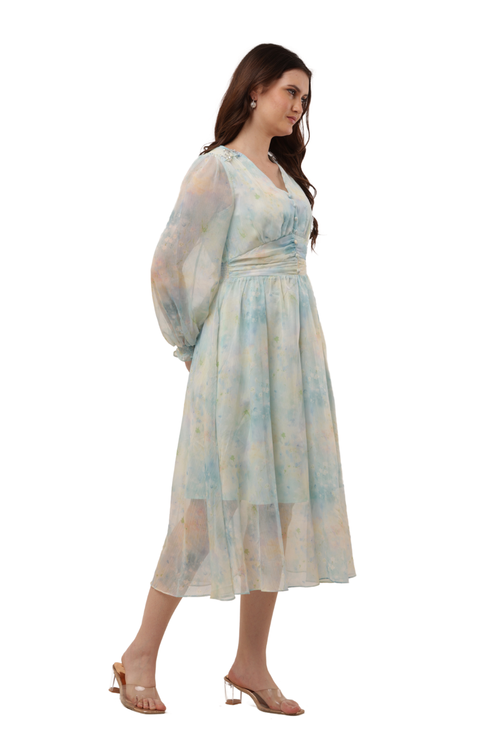 Elegant Floral Ruffle Midi Korean Dress – Sheer Organza | Korean Fashion Clothes