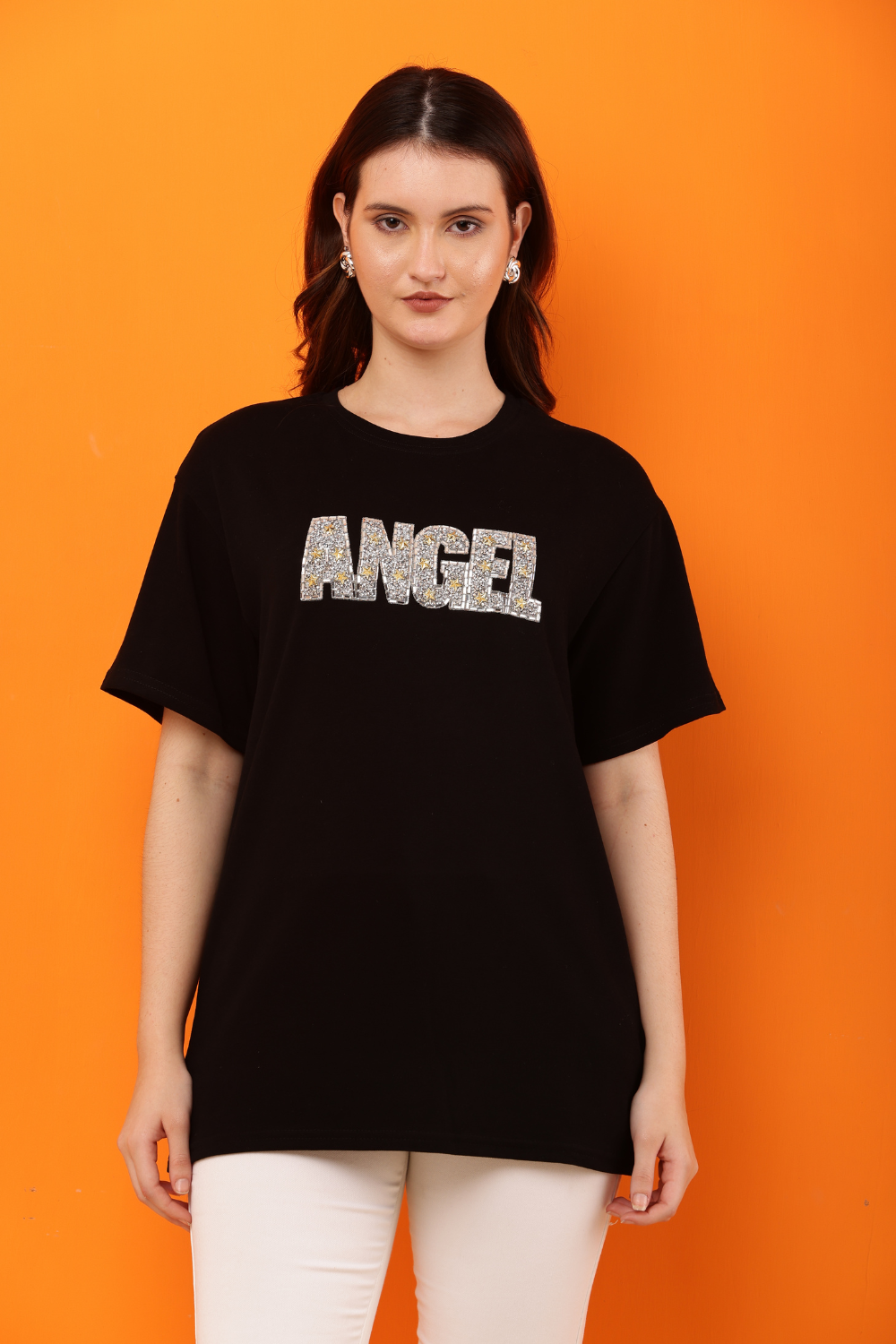 Korean Fashion White "ANGEL" Sequin Embellished T-Shirt for Women