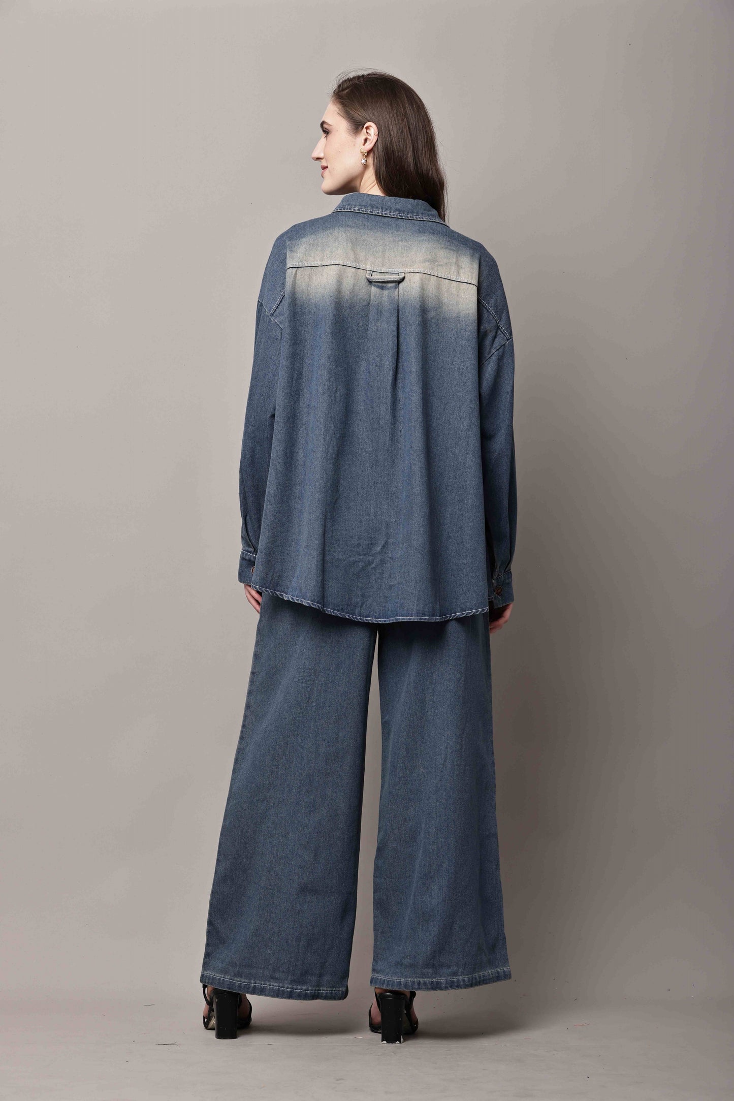 Women Blue Denim Co-Ord Set with Button-Down Shirt & Wide-Leg Pants – Korean Style