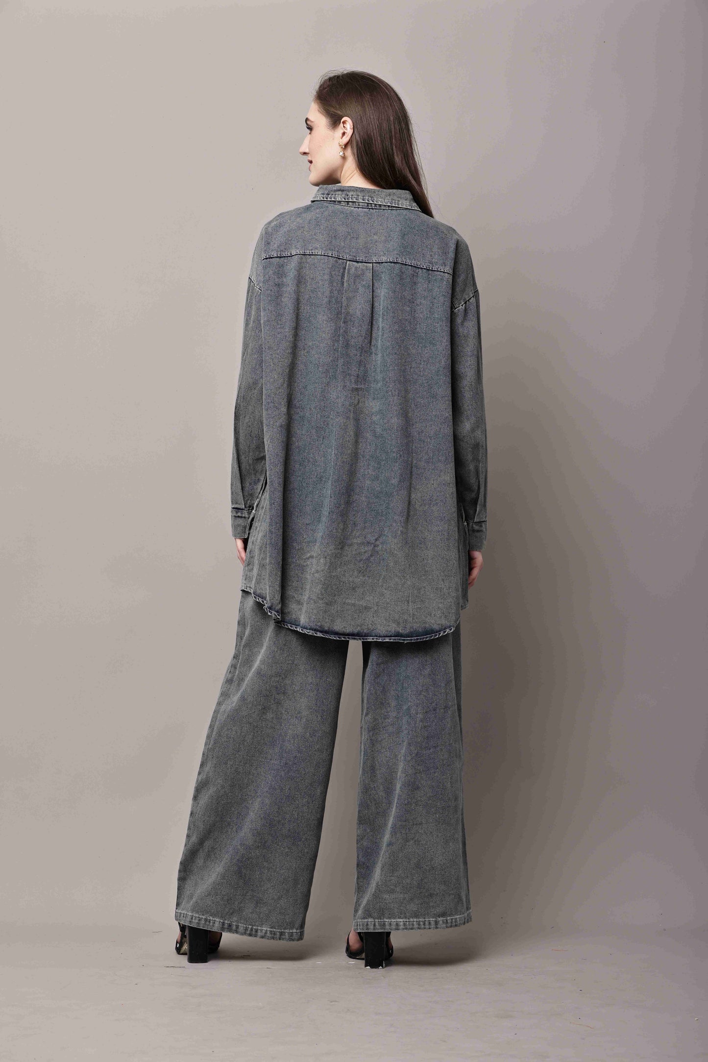 Women Grey Denim Co-Ord Set with Longline Shirt & Wide-Leg Pants – Korean Style