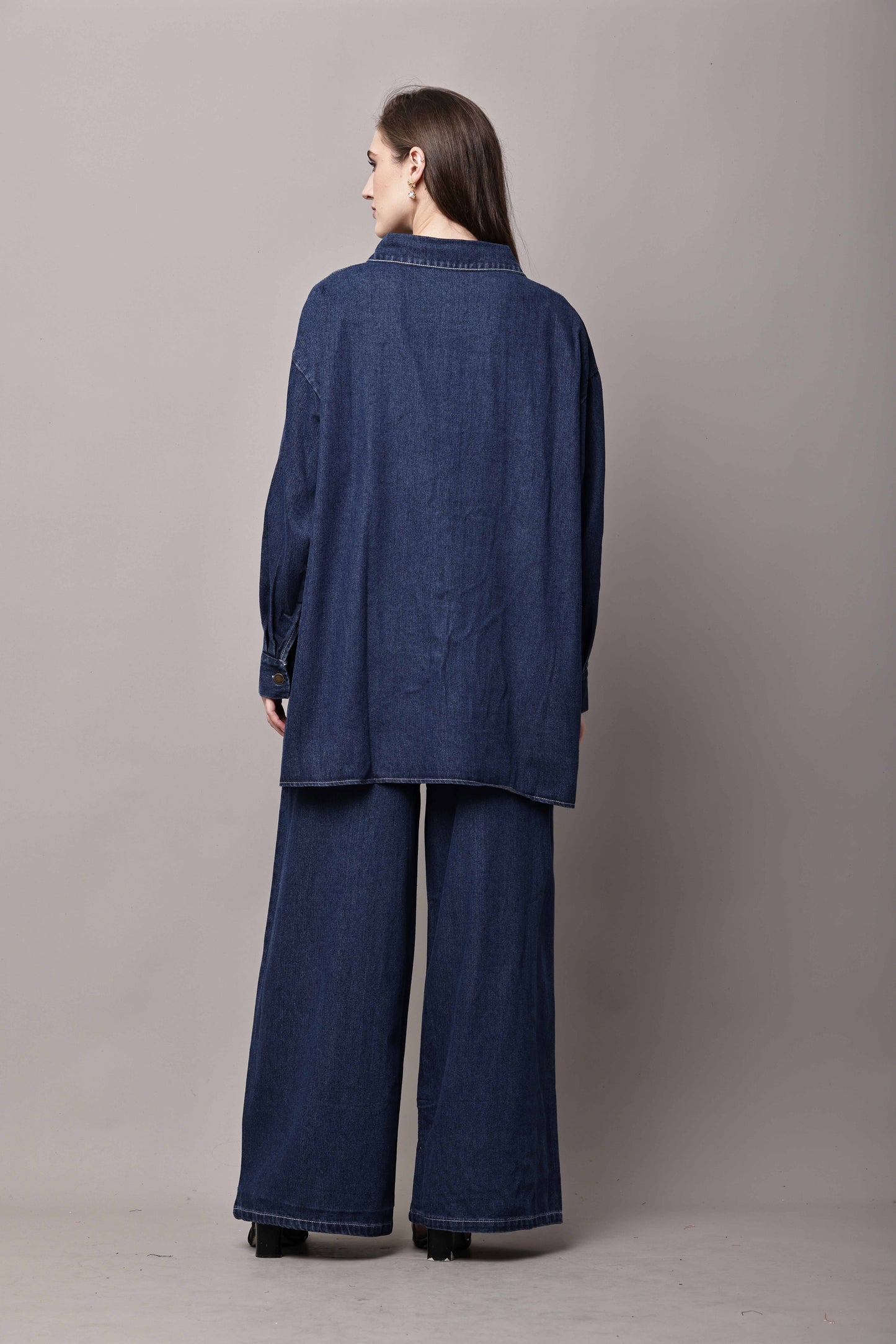 Women Dark Blue Denim Co-Ord Set with Oversized Shirt & Wide-Leg Pants – Korean Style