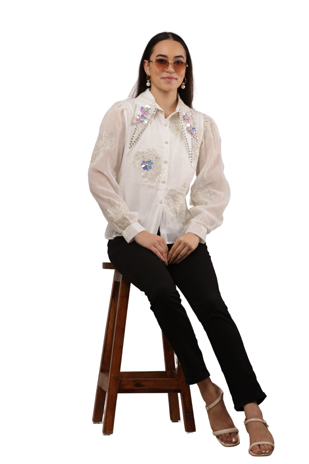 Embroidered Sheer Shirt with Floral Sequins Free Size – Korean Fashion