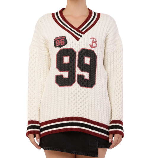 Oversized Varsity Knit Sweater with "99" Patch Design