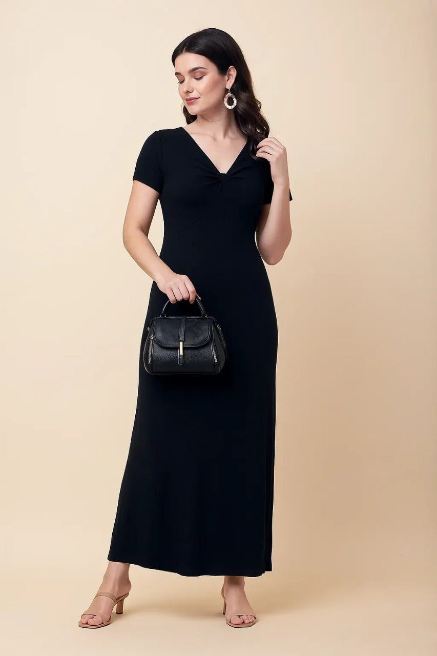 Twist-Front Ribbed Maxi Dress Free Size – Korean Bodycon Style