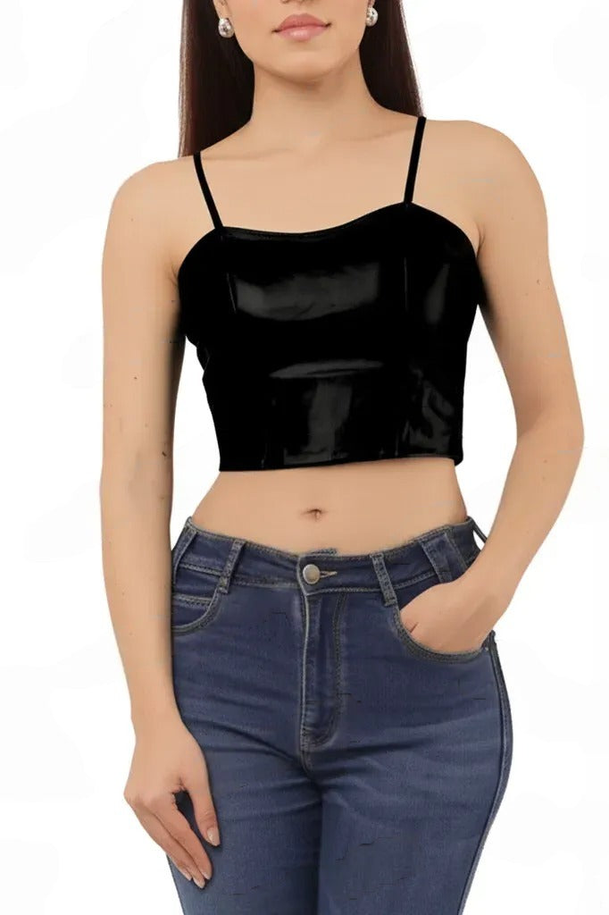 Women's Dual Style Crop Top Set Free Size - Lace & Faux Leather | Korean Fashion