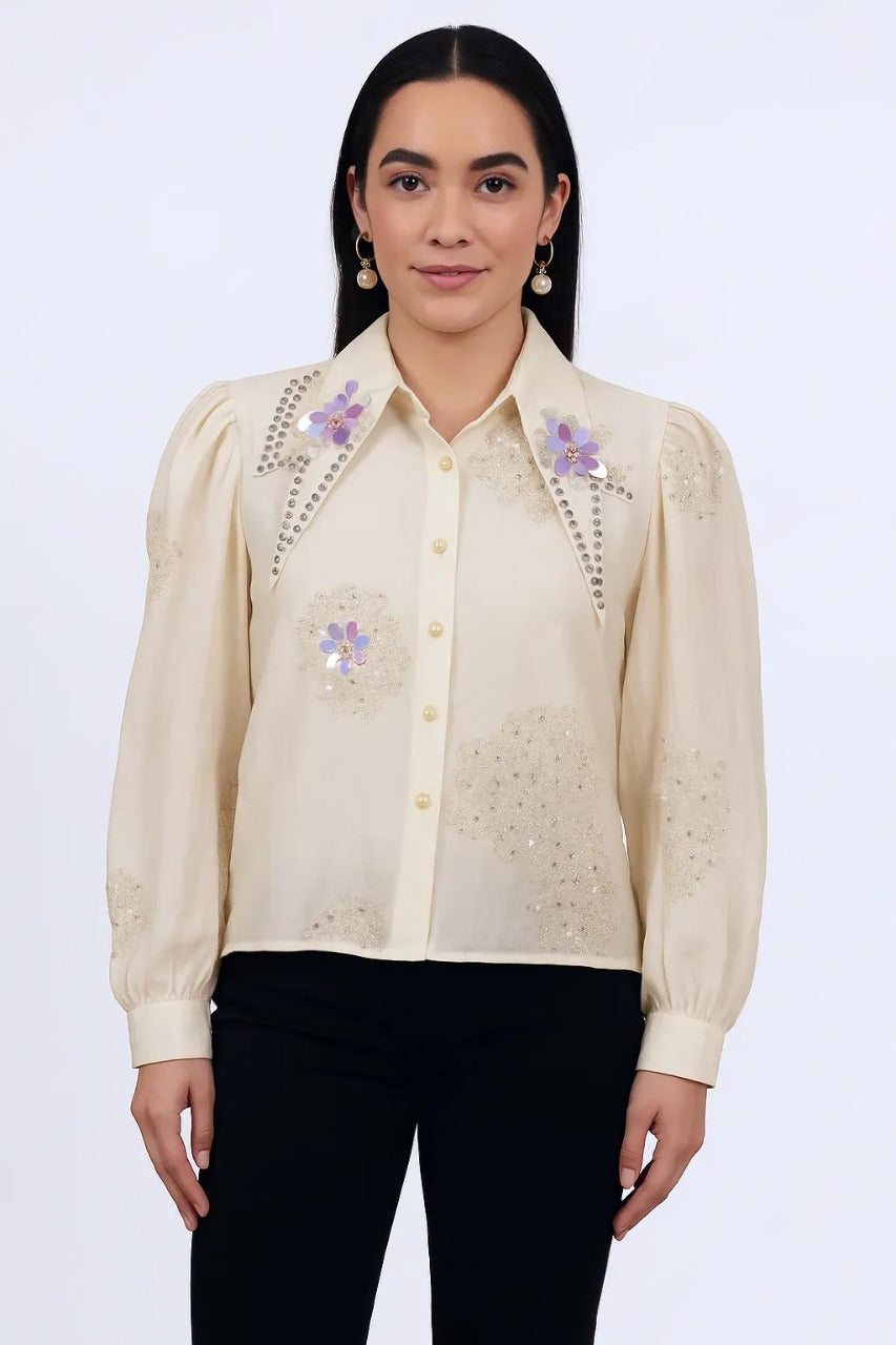 Embroidered Sheer Shirt with Floral Sequins Free Size – Korean Fashion