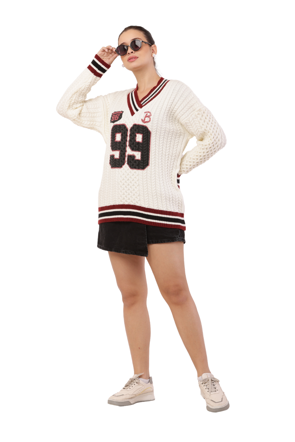 Oversized Varsity Knit Sweater with "99" Patch Design