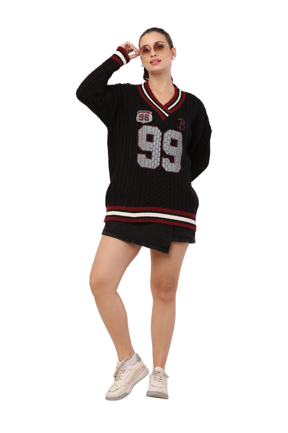 Oversized Varsity Knit Sweater with "99" Patch Design
