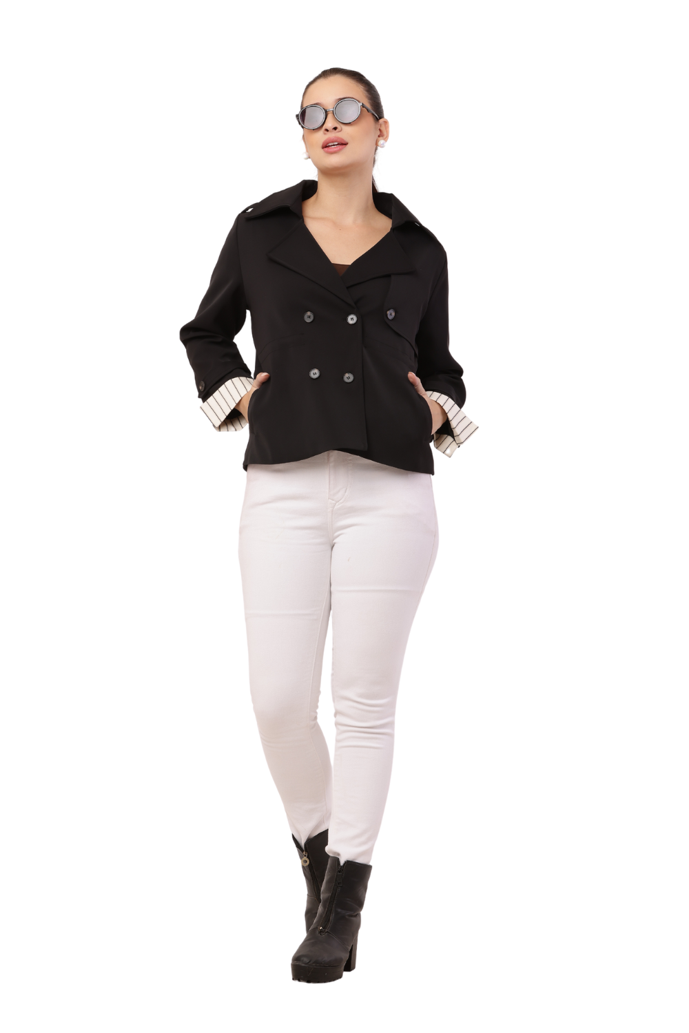 Korean-Style Double breasted Short Blazer with Striped cuffs- Trending Women's Fashion