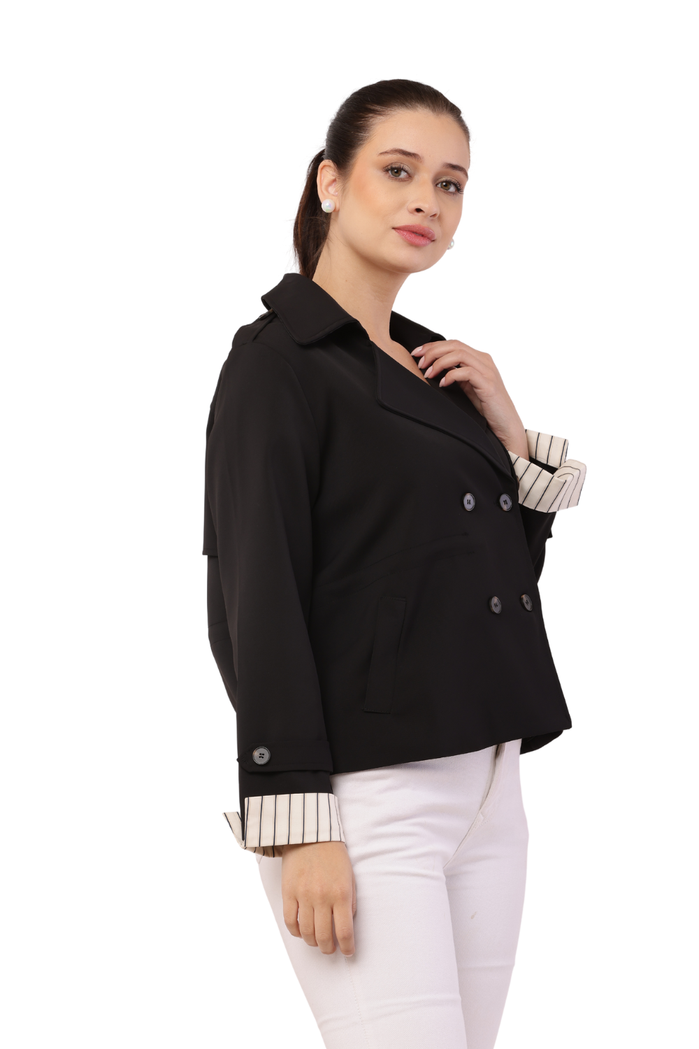 Korean-Style Double breasted Short Blazer with Striped cuffs- Trending Women's Fashion