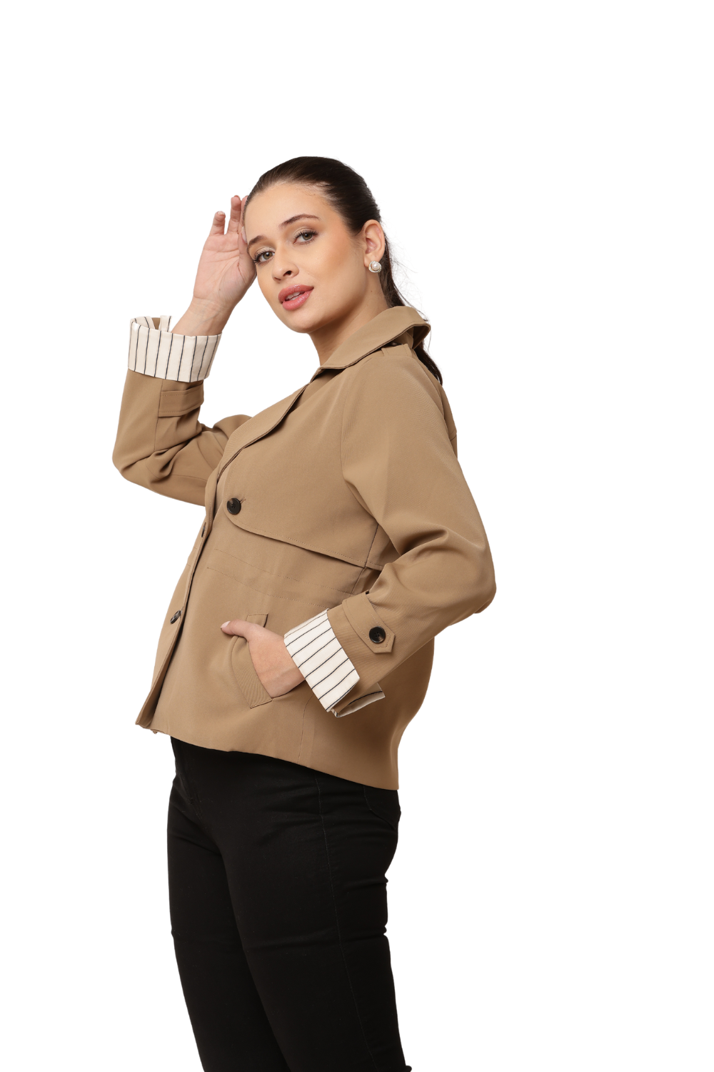 Korean-Style Double breasted Short Blazer with Striped cuffs- Trending Women's Fashion