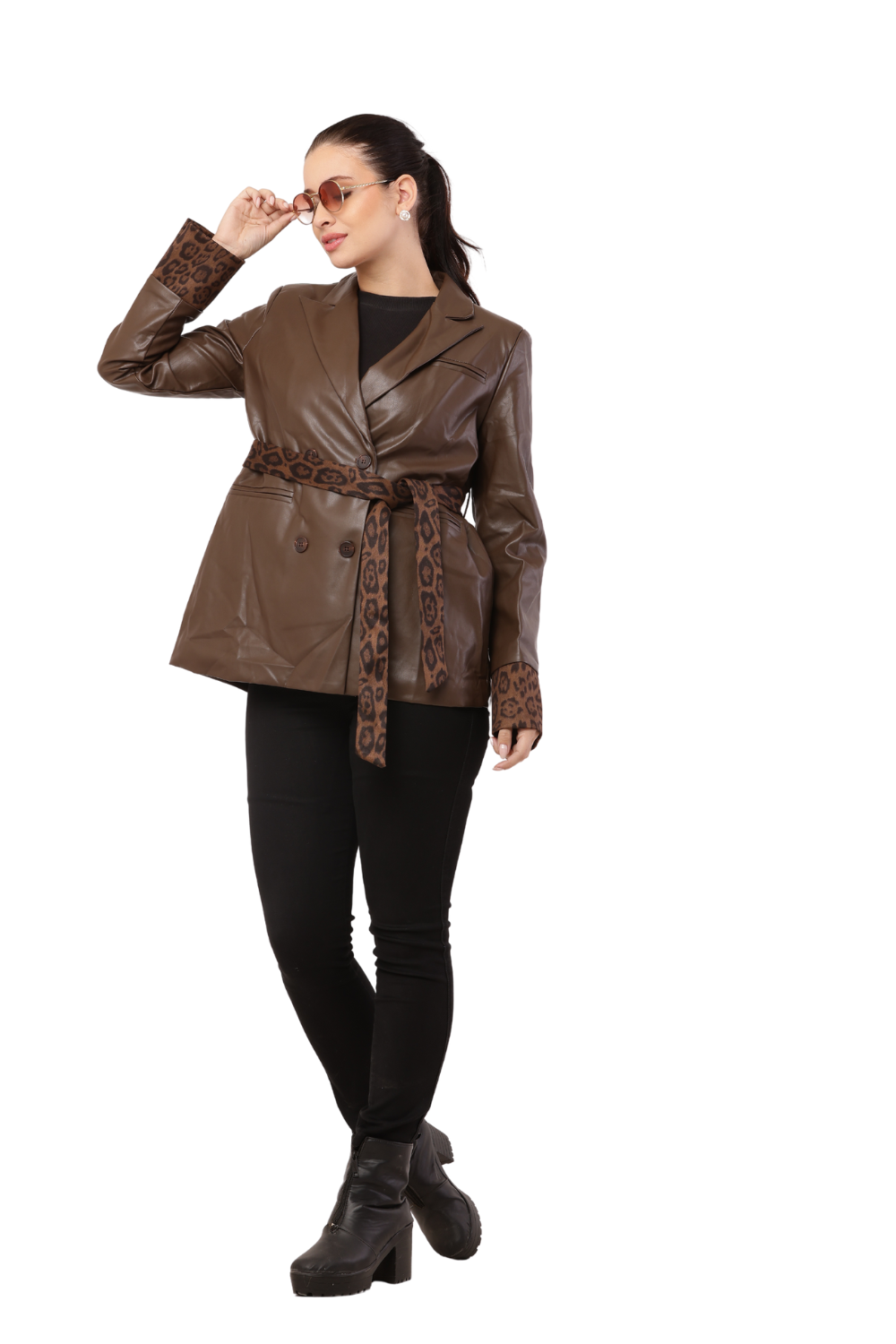 Women's Faux Leather Blazer with Leopard Print Belt and Cuff Accents