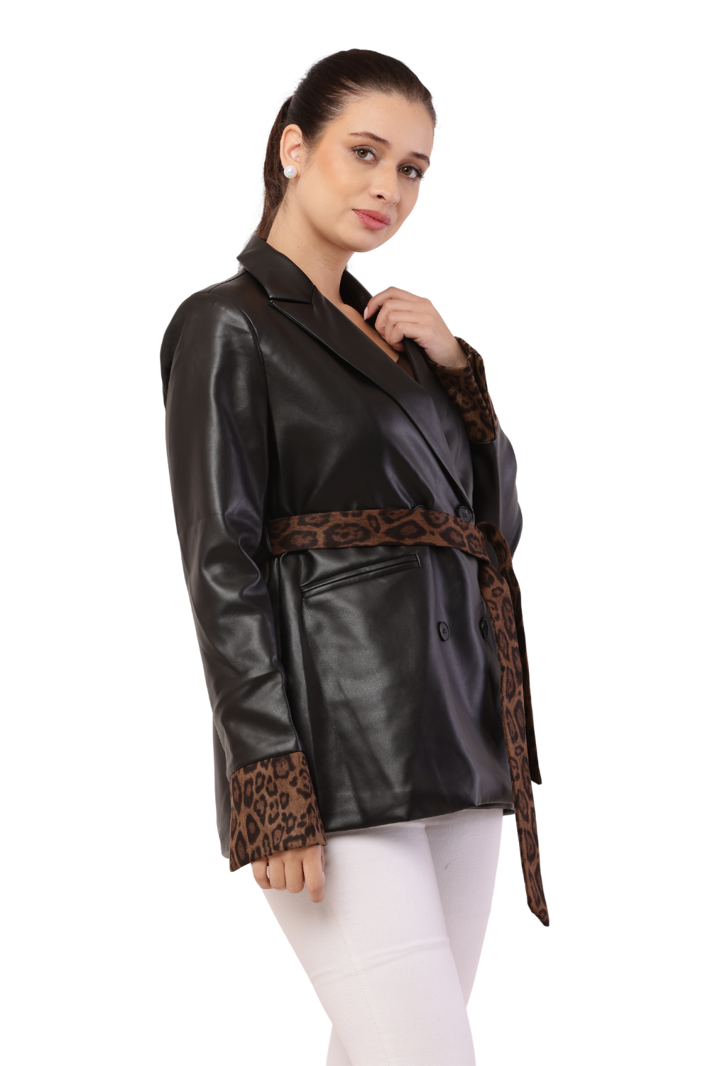Women's Faux Leather Blazer with Leopard Print Belt and Cuff Accents