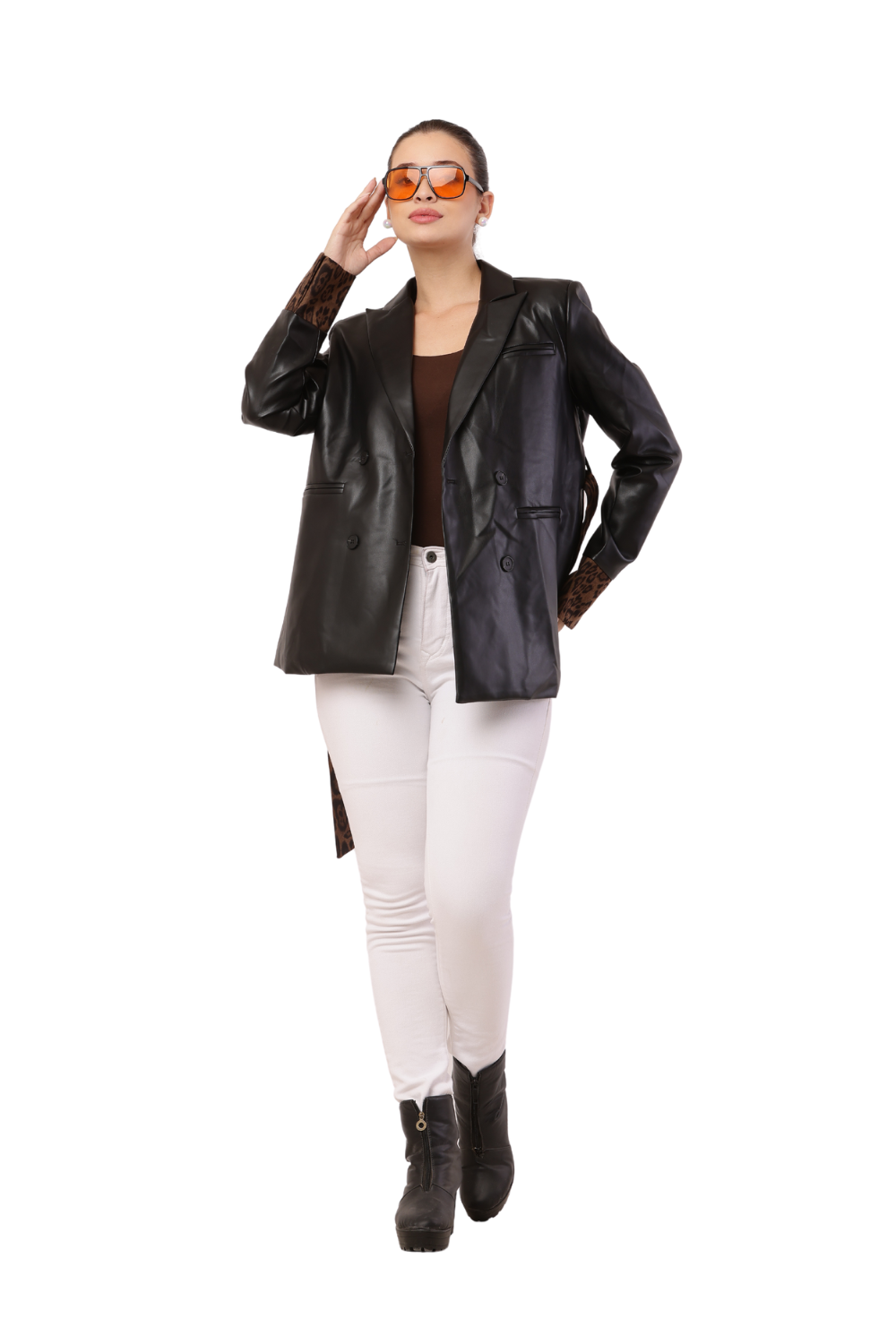 Women's Faux Leather Blazer with Leopard Print Belt and Cuff Accents