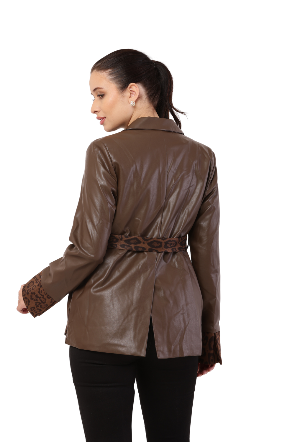 Women's Faux Leather Blazer with Leopard Print Belt and Cuff Accents