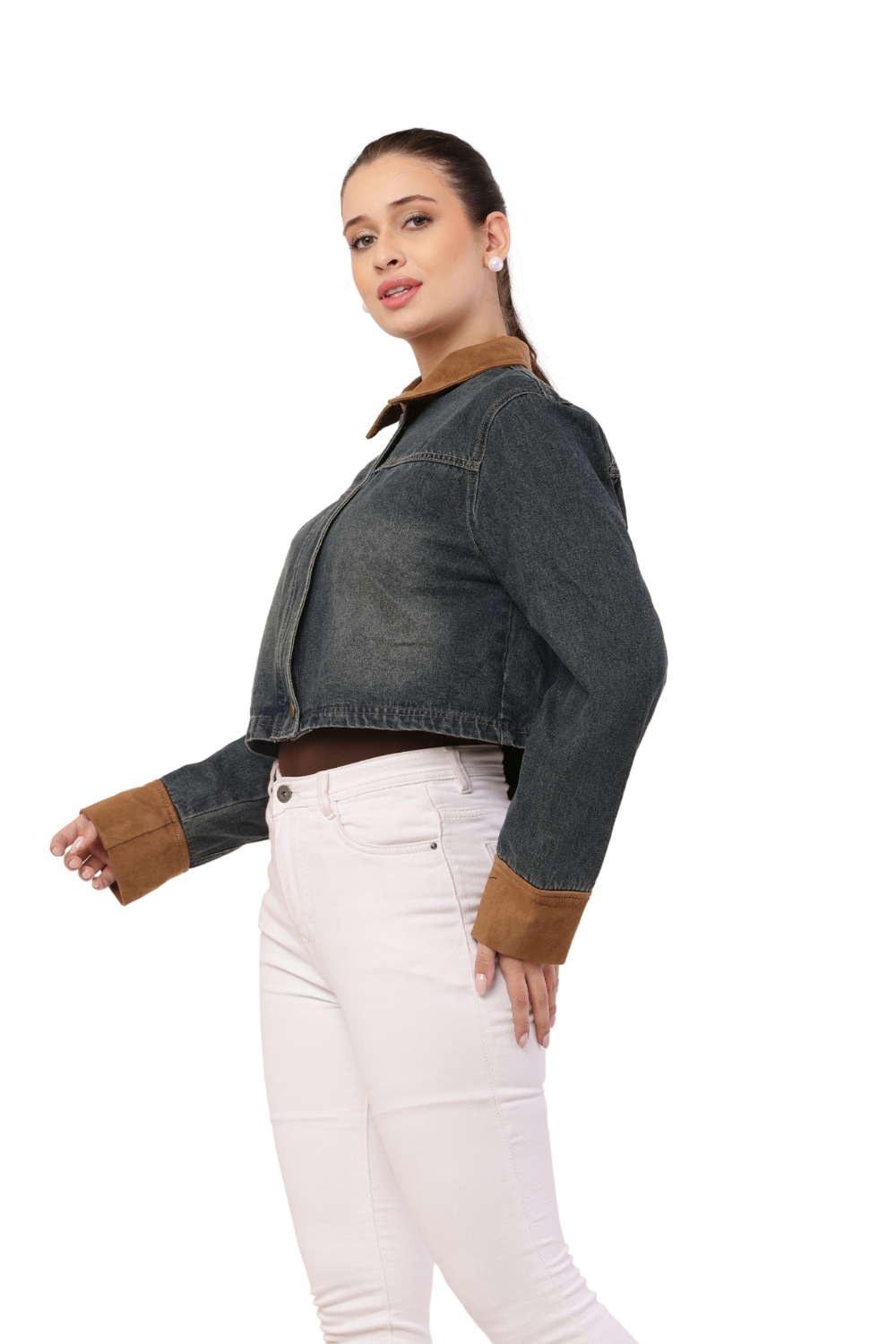 Korean-Style Blue Denim Jacket with Maroon Sleeves for women