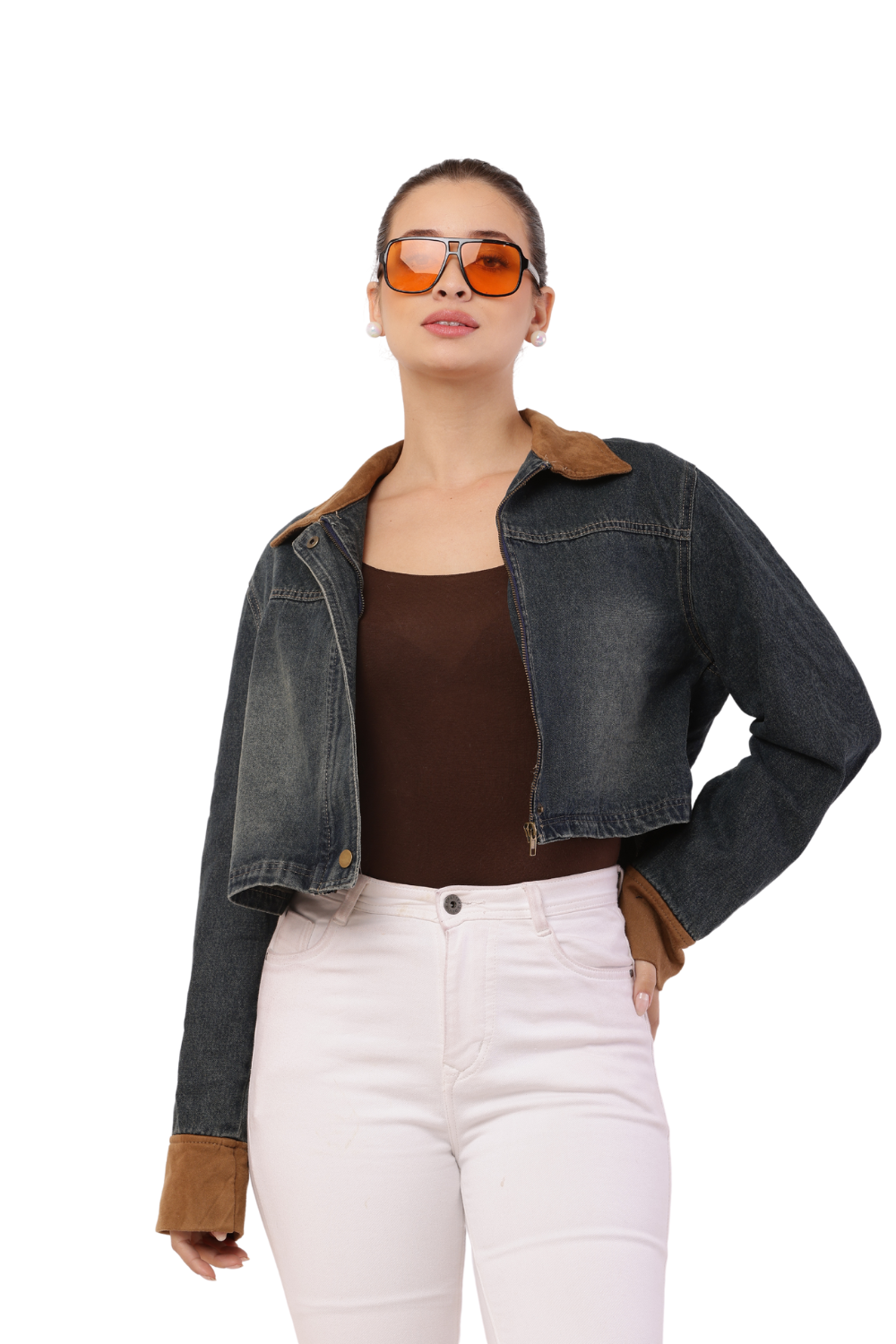 Korean-Style Blue Denim Jacket with Maroon Sleeves for women