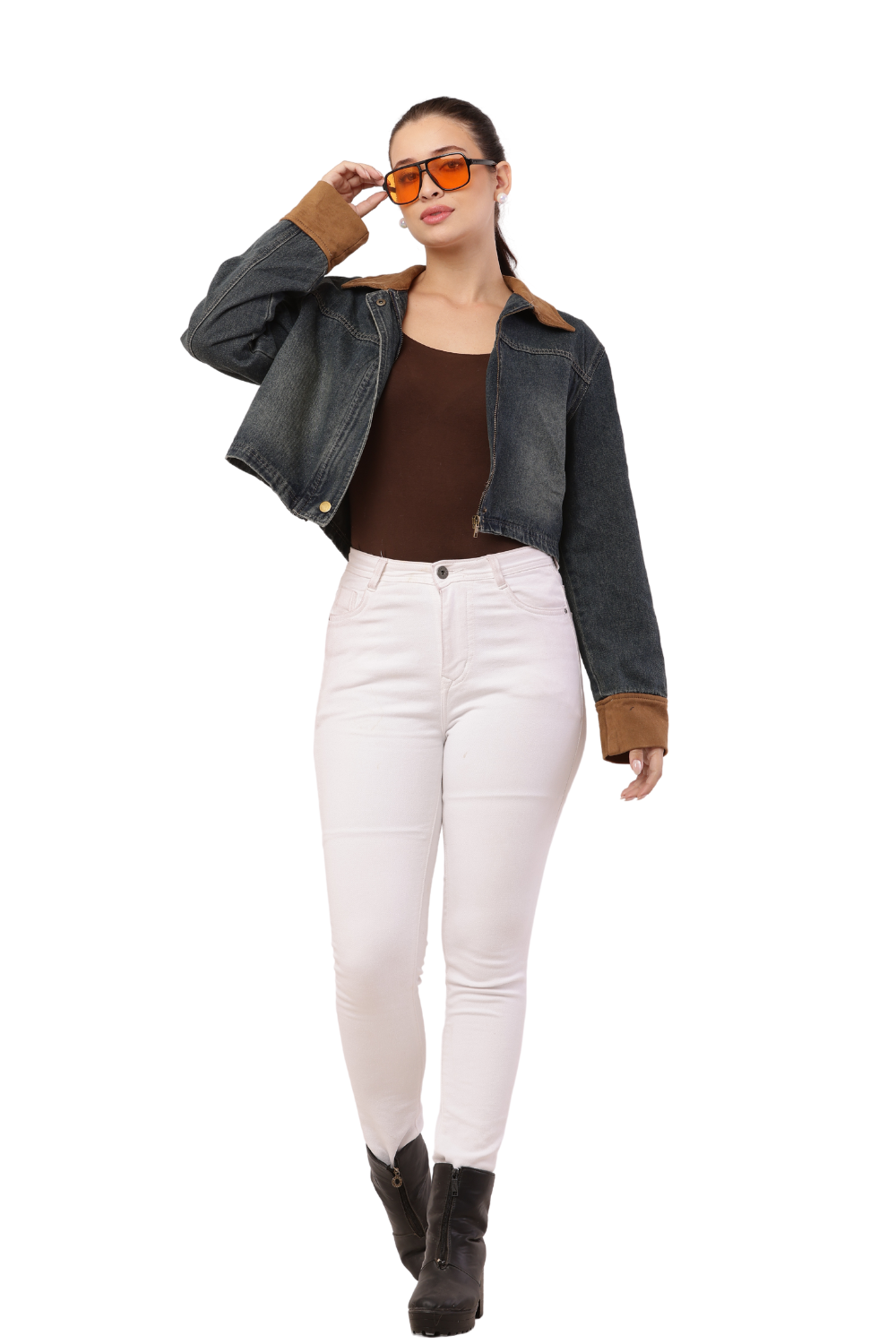 Korean-Style Blue Denim Jacket with Maroon Sleeves for women
