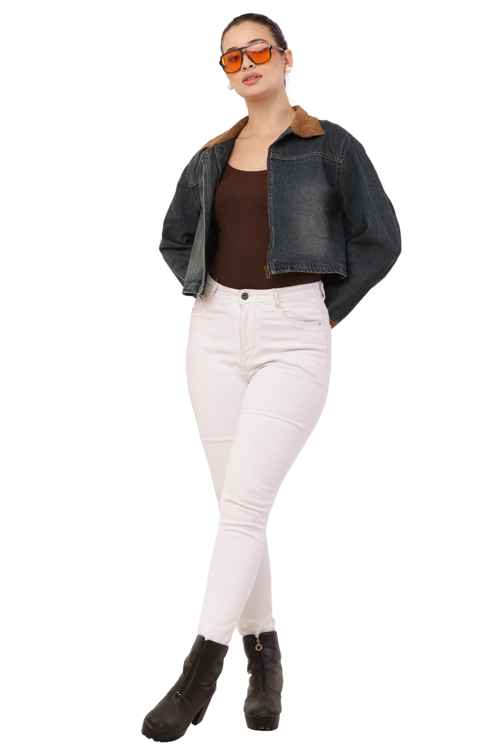 Korean-Style Blue Denim Jacket with Maroon Sleeves for women
