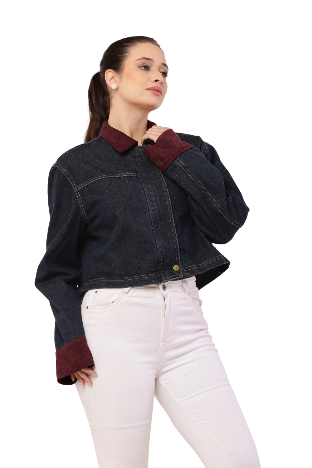 Korean-Style Blue Denim Jacket with Maroon Sleeves for women