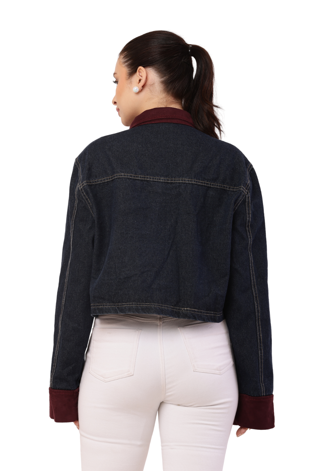 Korean-Style Blue Denim Jacket with Maroon Sleeves for women
