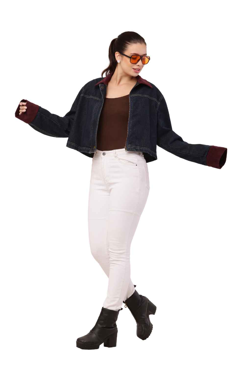 Korean-Style Blue Denim Jacket with Maroon Sleeves for women