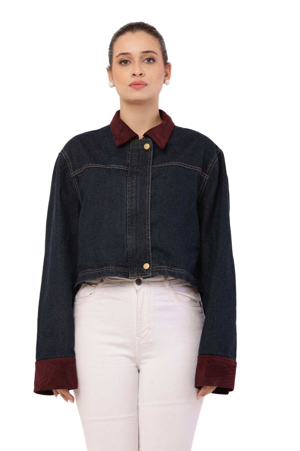 Korean-Style Blue Denim Jacket with Maroon Sleeves for women