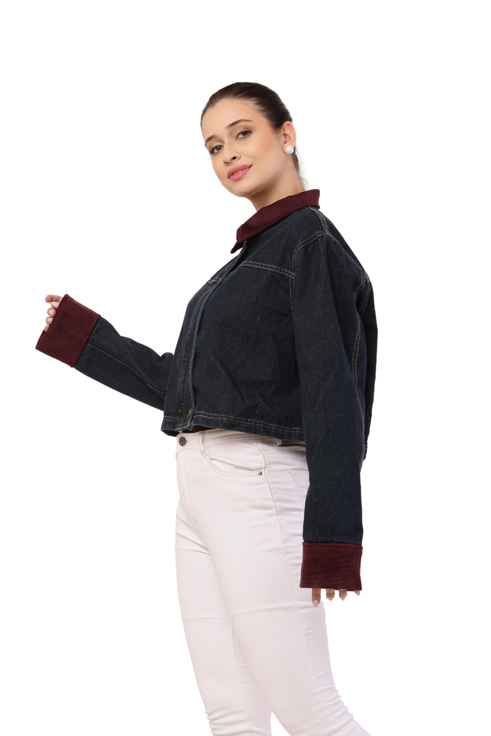 Korean-Style Blue Denim Jacket with Maroon Sleeves for women