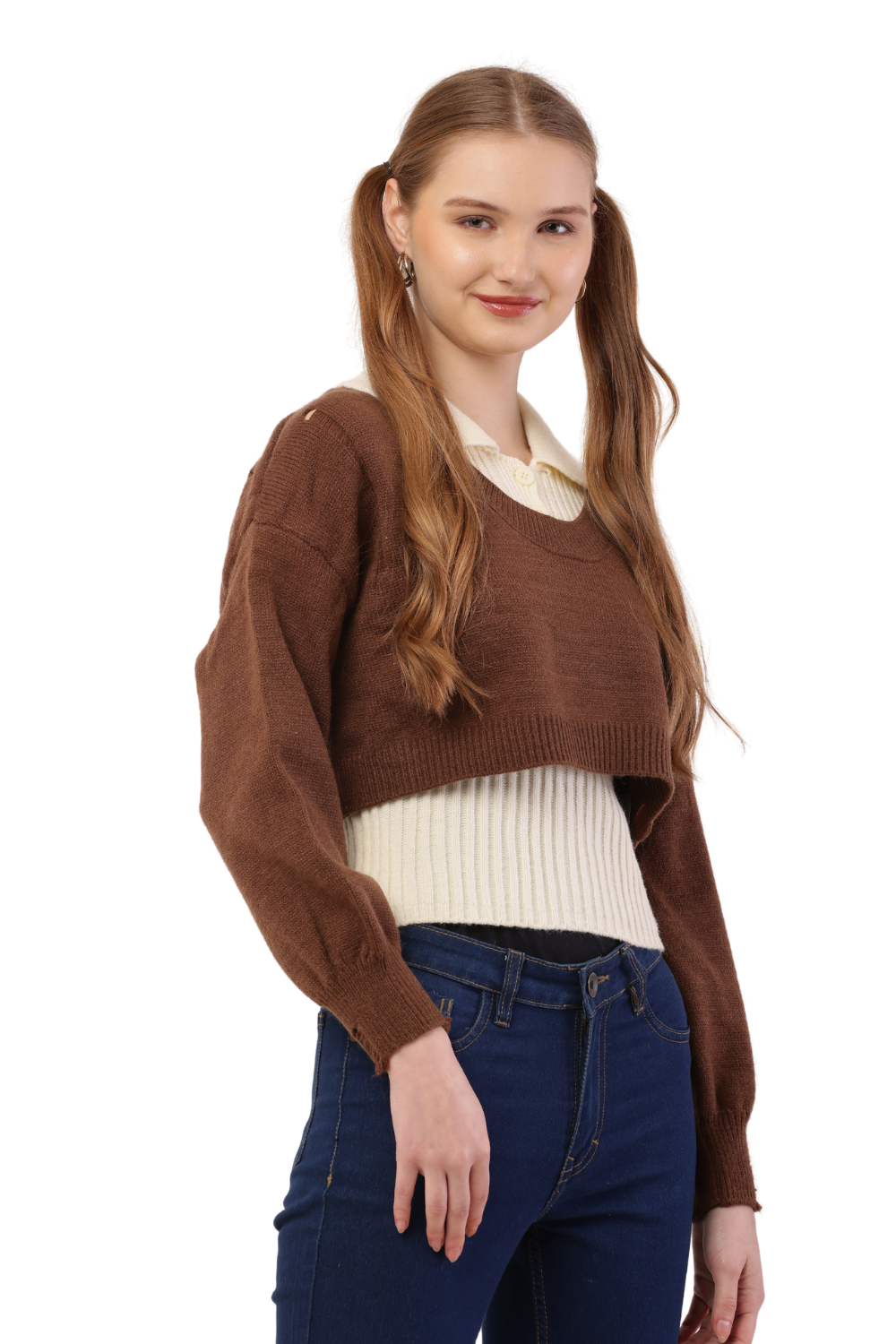 Layered Cropped Knit Sweater & Shirt Combo
