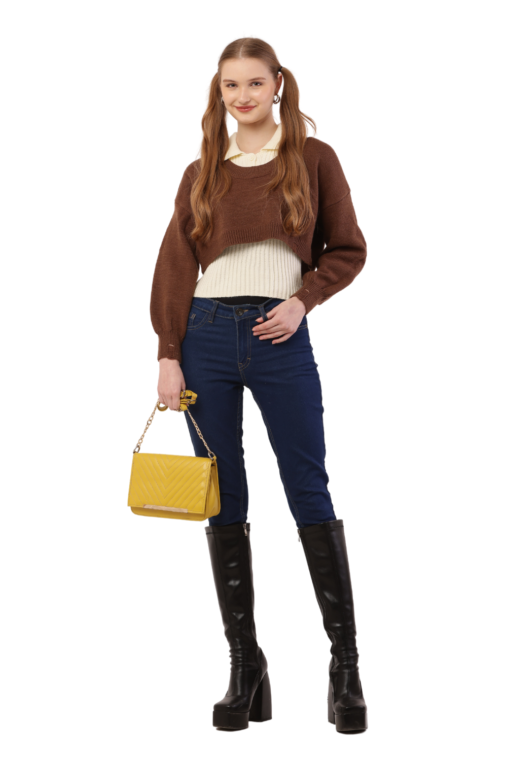 Layered Cropped Knit Sweater & Shirt Combo