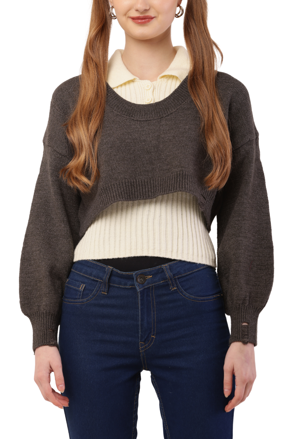 Layered Cropped Knit Sweater & Shirt Combo