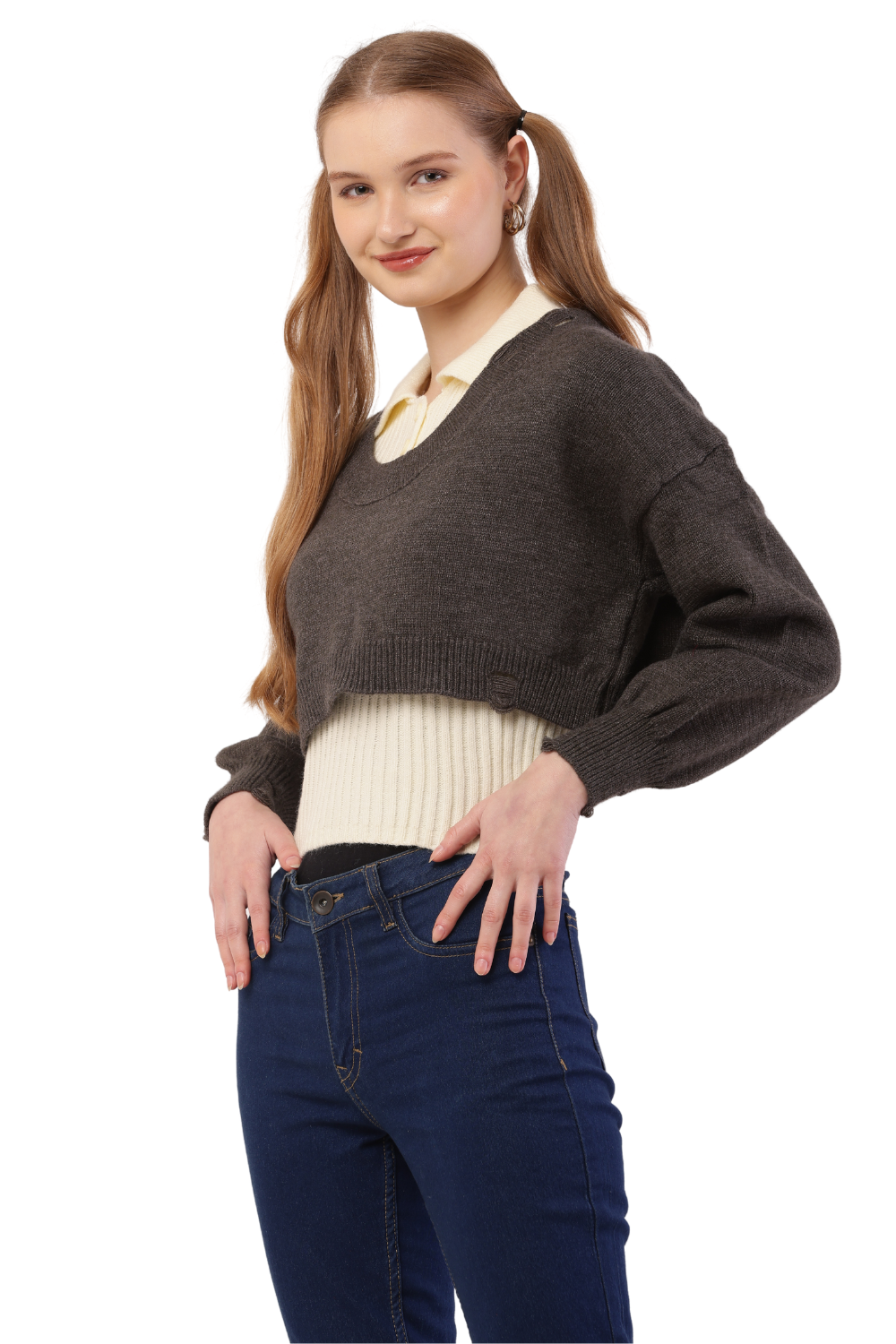 Layered Cropped Knit Sweater & Shirt Combo
