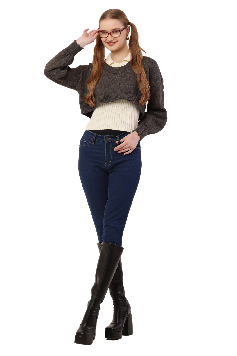Layered Cropped Knit Sweater & Shirt Combo