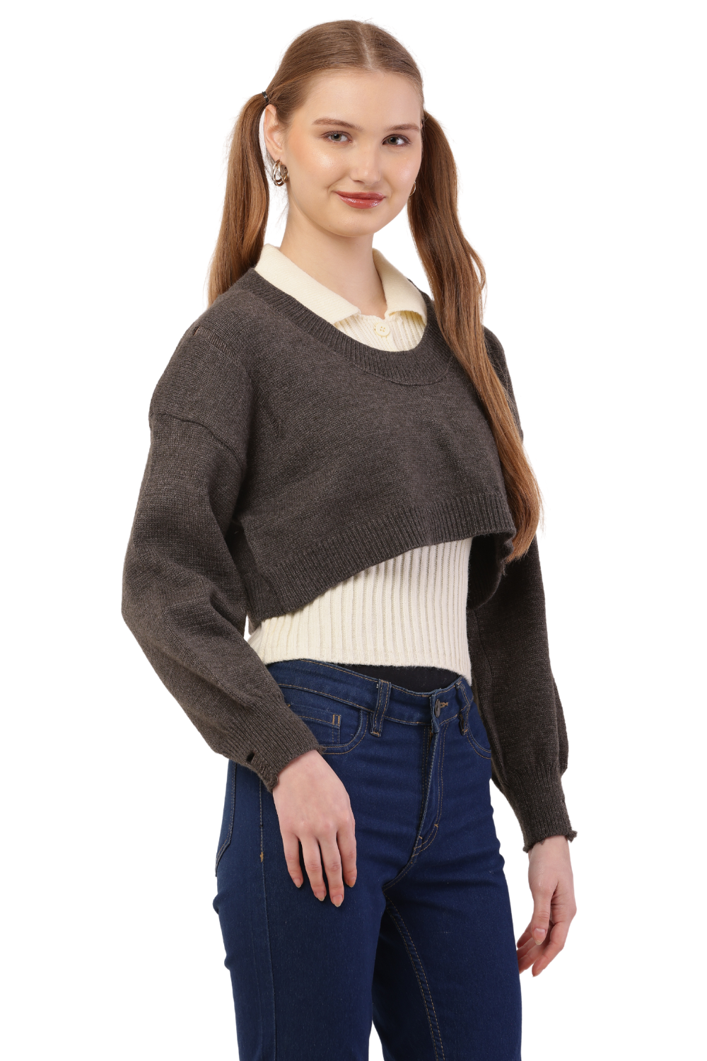 Layered Cropped Knit Sweater & Shirt Combo