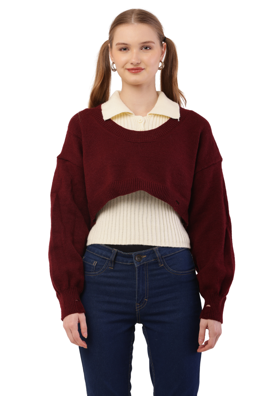 Layered Cropped Knit Sweater & Shirt Combo