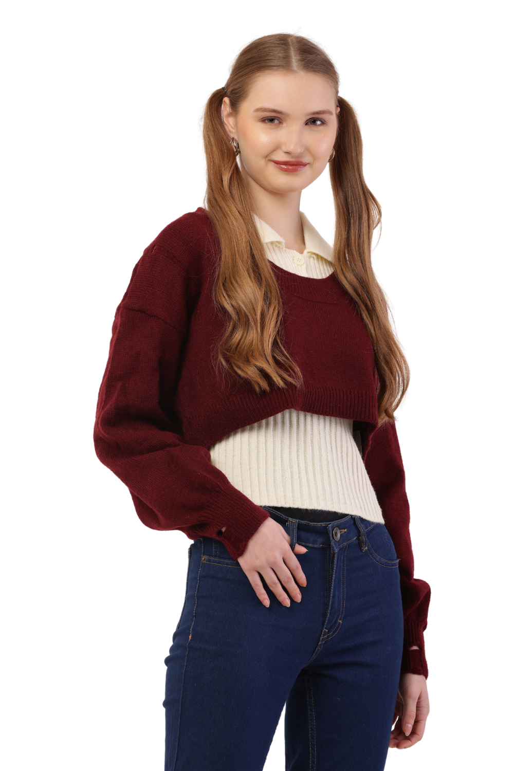 Layered Cropped Knit Sweater & Shirt Combo