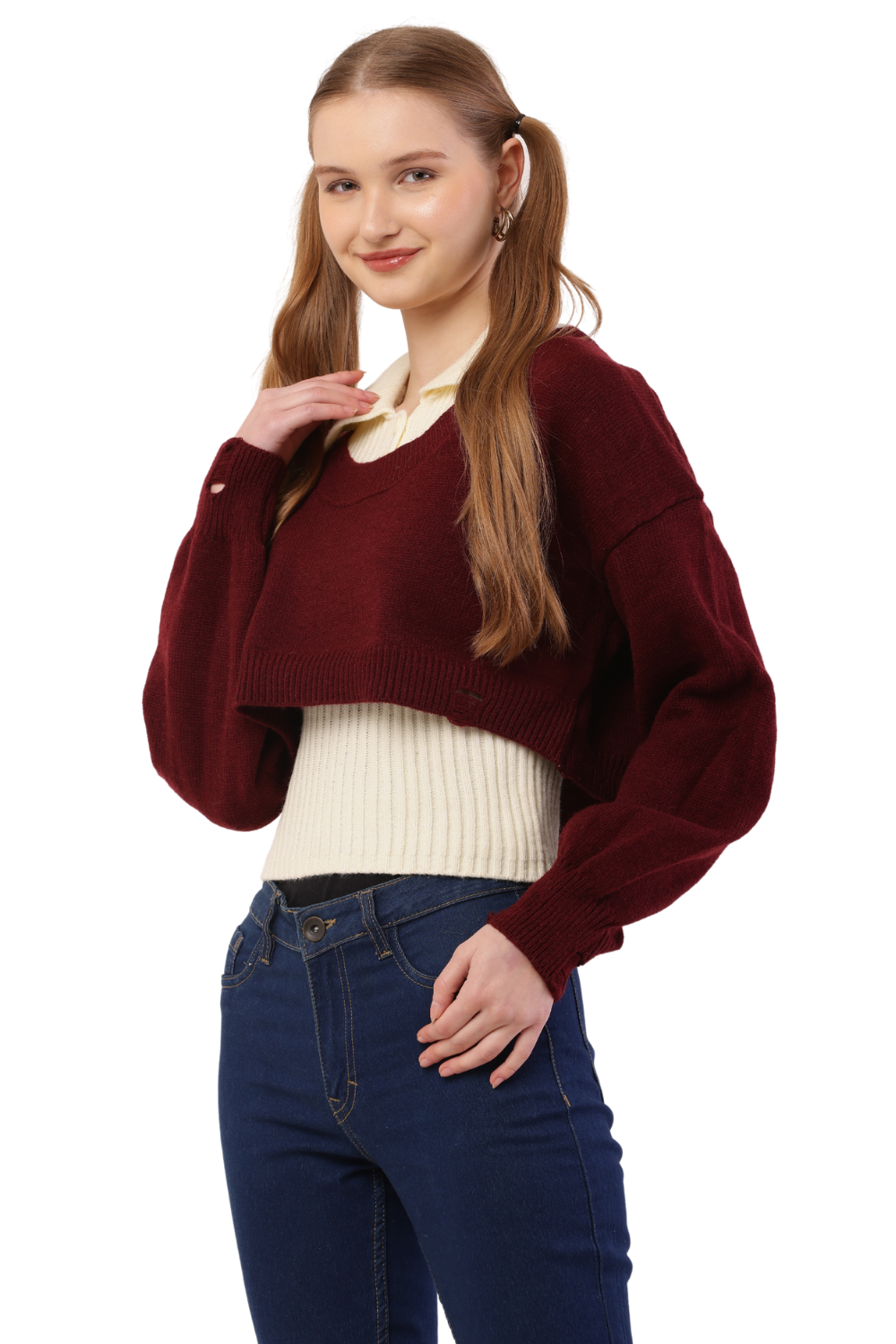 Layered Cropped Knit Sweater & Shirt Combo