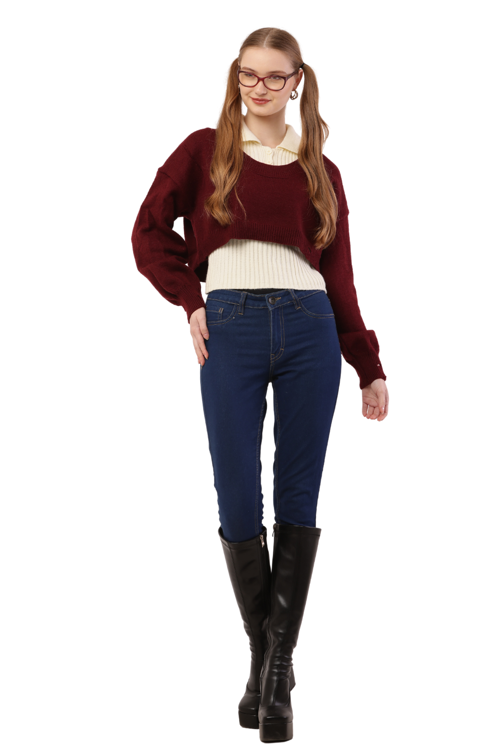 Layered Cropped Knit Sweater & Shirt Combo