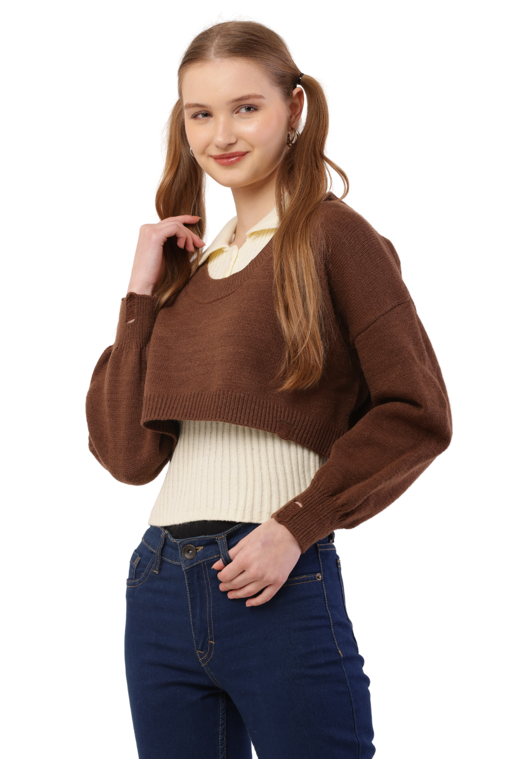 Layered Cropped Knit Sweater & Shirt Combo