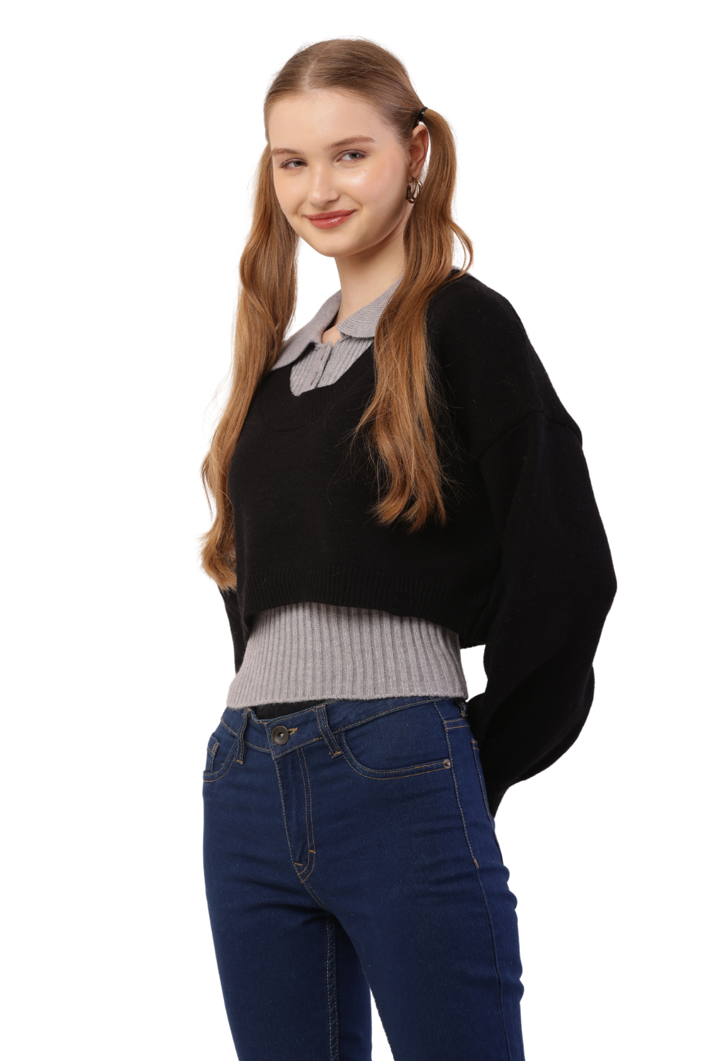 Layered Cropped Knit Sweater & Shirt Combo