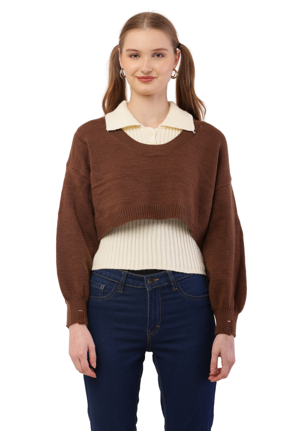 Layered Cropped Knit Sweater & Shirt Combo