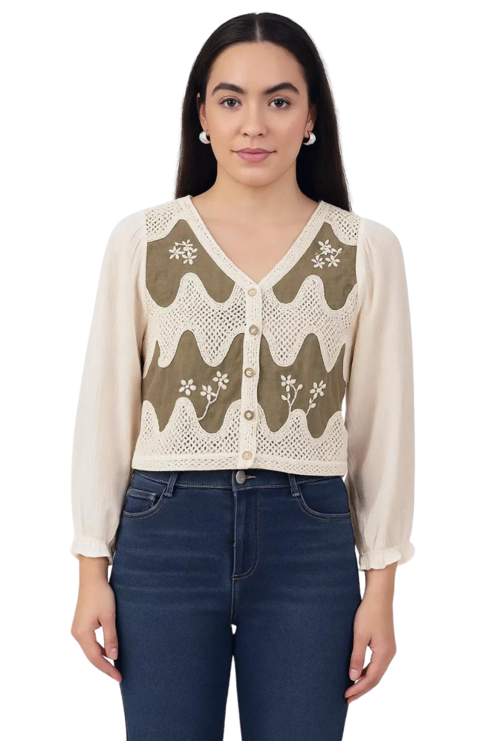 Embroidered Crochet Panel Free Size Korean Style Button-Down Top