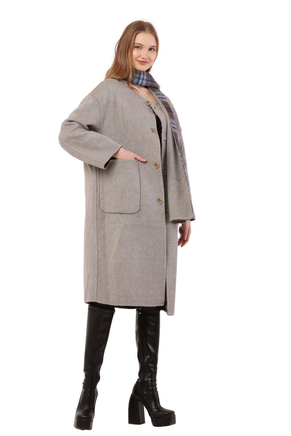 Plaid Woolen Long Coat with Scarf