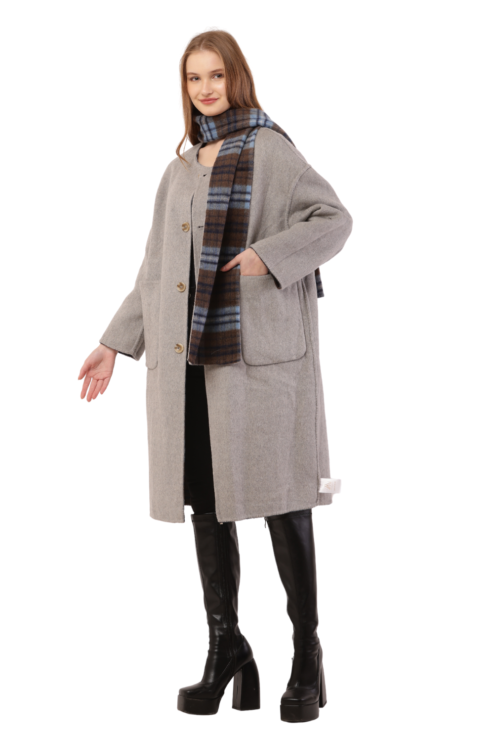 Plaid Woolen Long Coat with Scarf