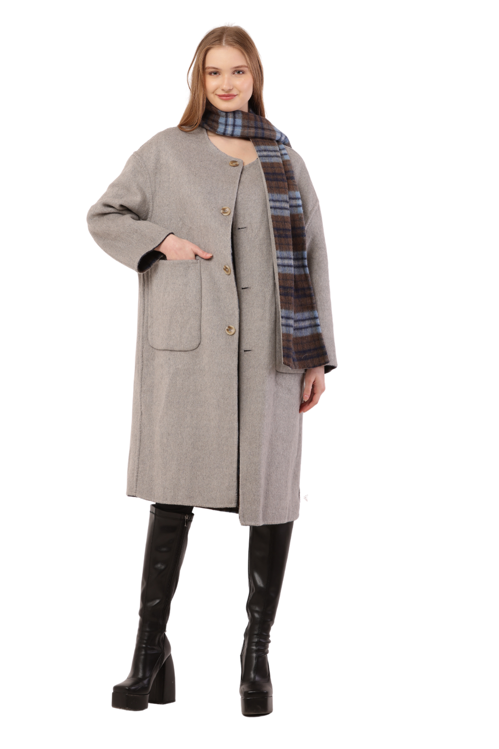 Plaid Woolen Long Coat with Scarf
