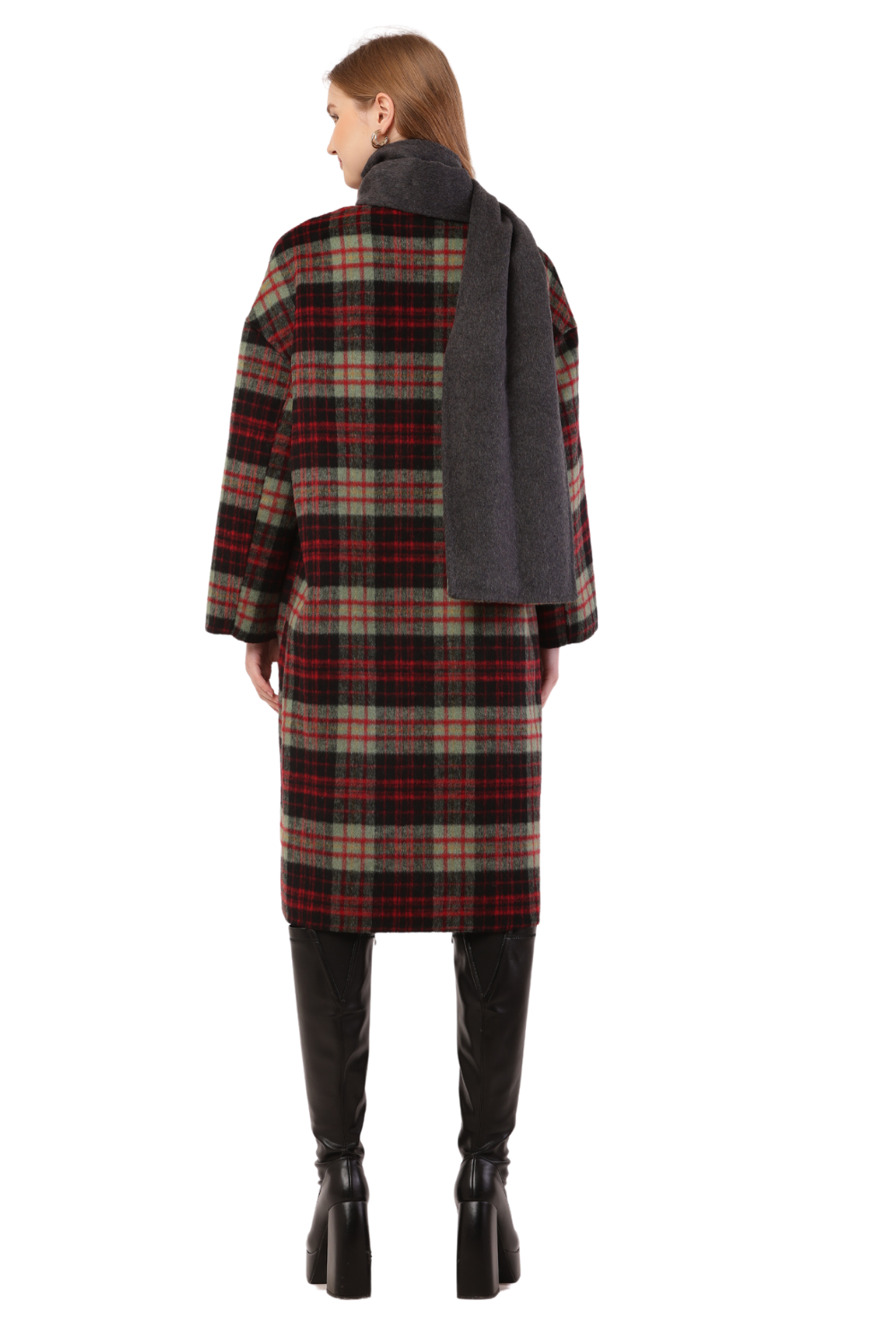 Plaid Woolen Long Coat with Scarf