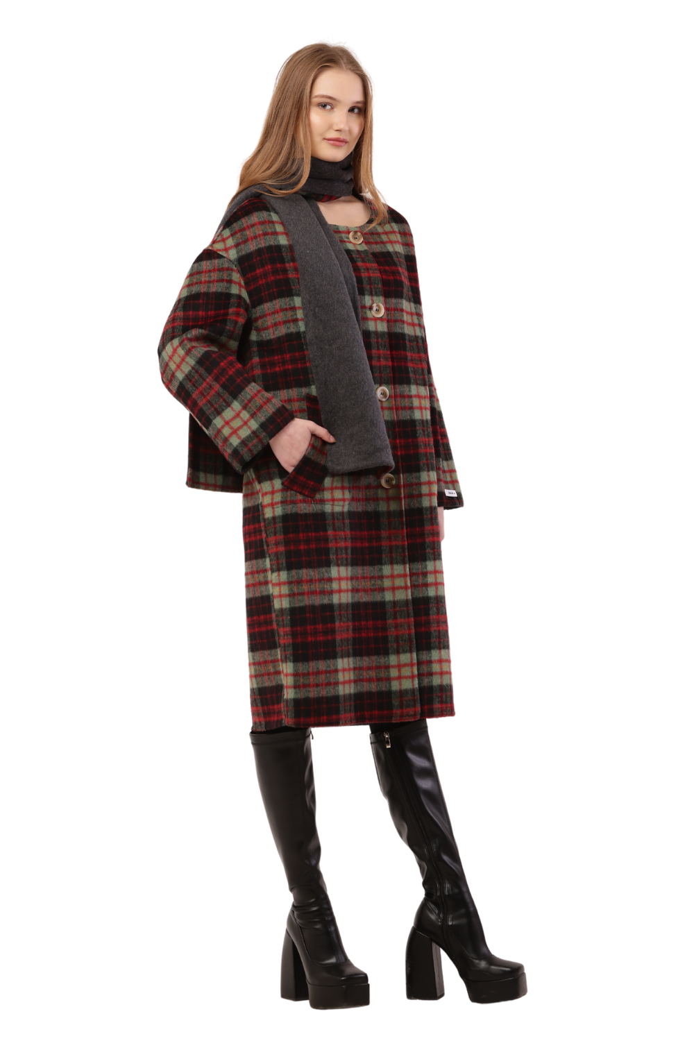 Plaid Woolen Long Coat with Scarf