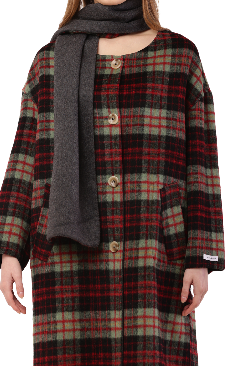 Plaid Woolen Long Coat with Scarf