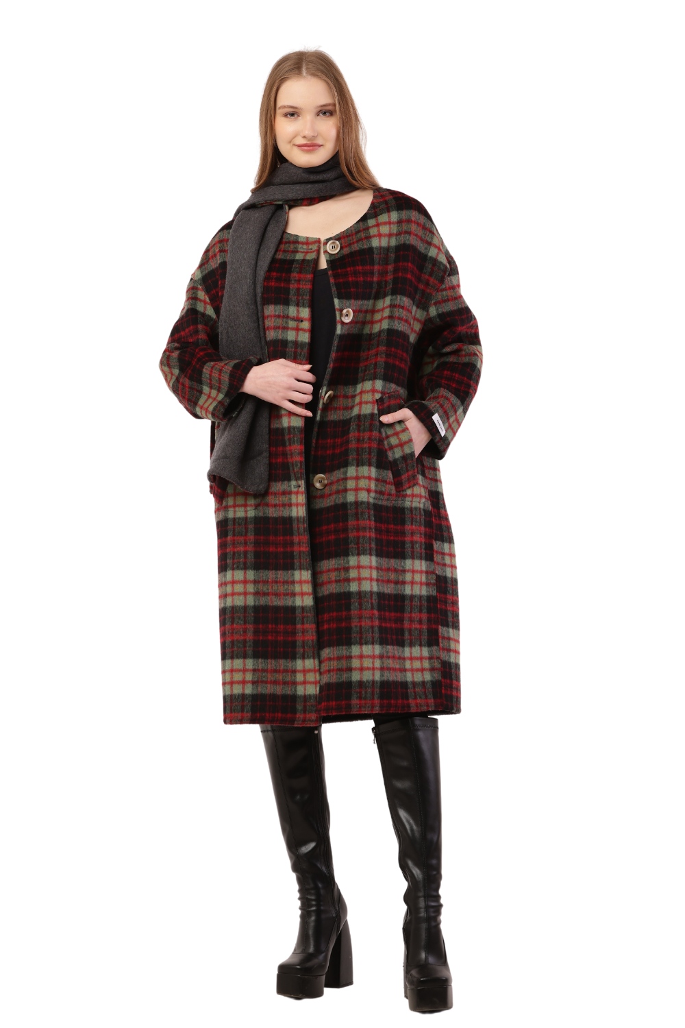 Plaid Woolen Long Coat with Scarf