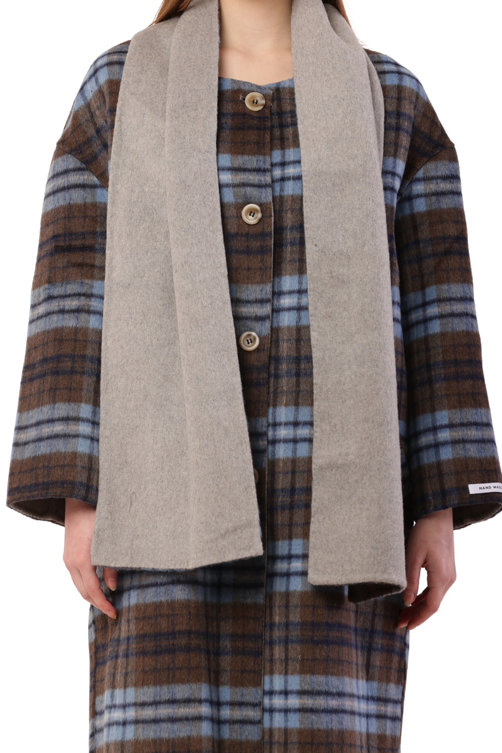 Plaid Woolen Long Coat with Scarf